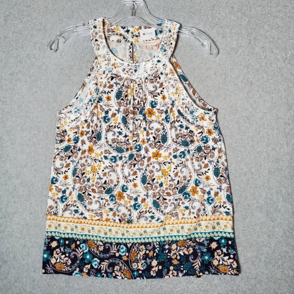 Skies Are Blue Women Top SP Blue Floral Boho Tank Embroidered Round Neck NWT